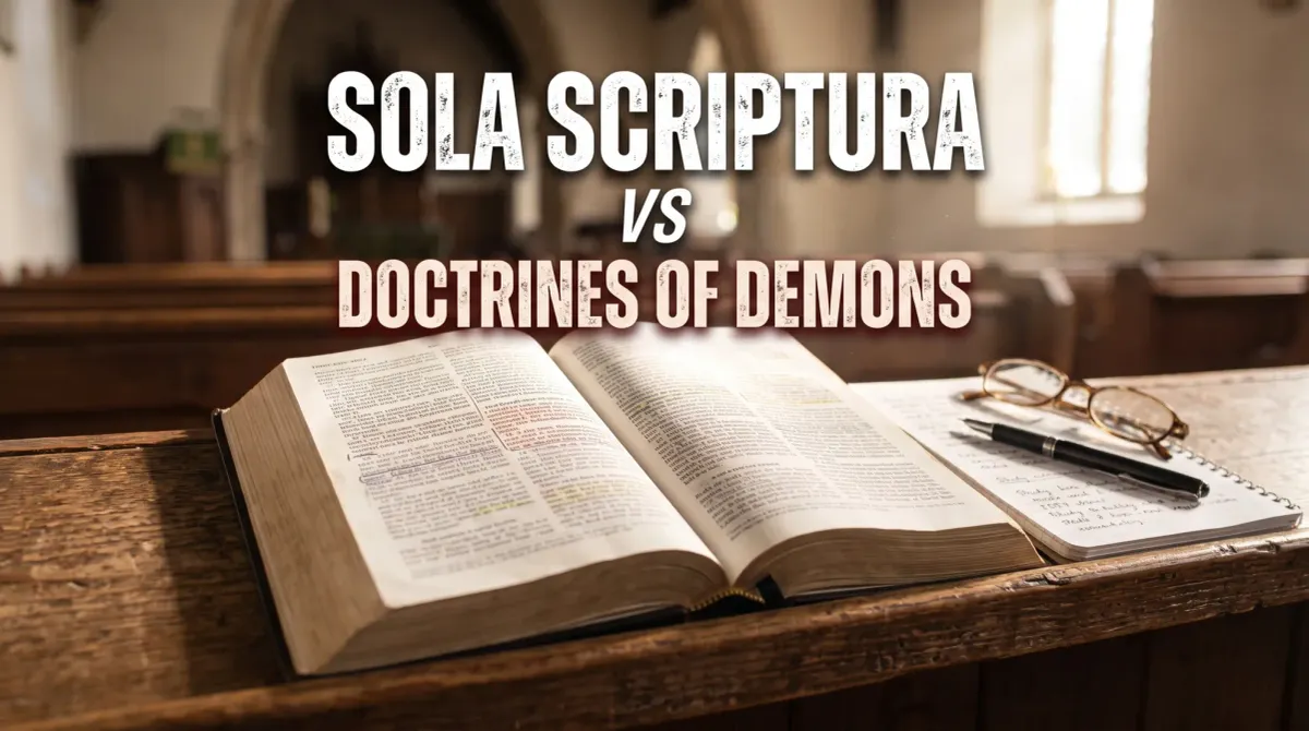 An open Bible rests on a worn wooden pew inside a sunlit, historic church, with a notebook, pen, and eyeglasses beside it. Overlaid bold white and red distressed typography in the center read