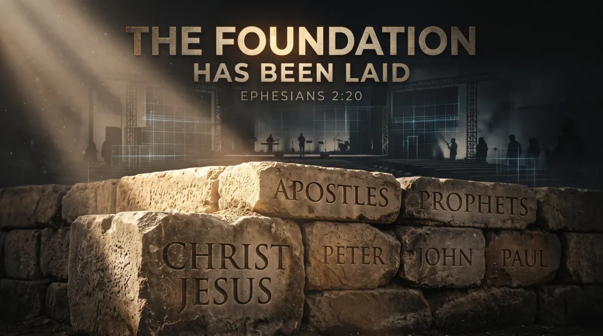 A dramatic image of a massive, ancient stone foundation labeled "CHRIST JESUS," "APOSTLES," and "PROPHETS," illuminated by a beam of light. 