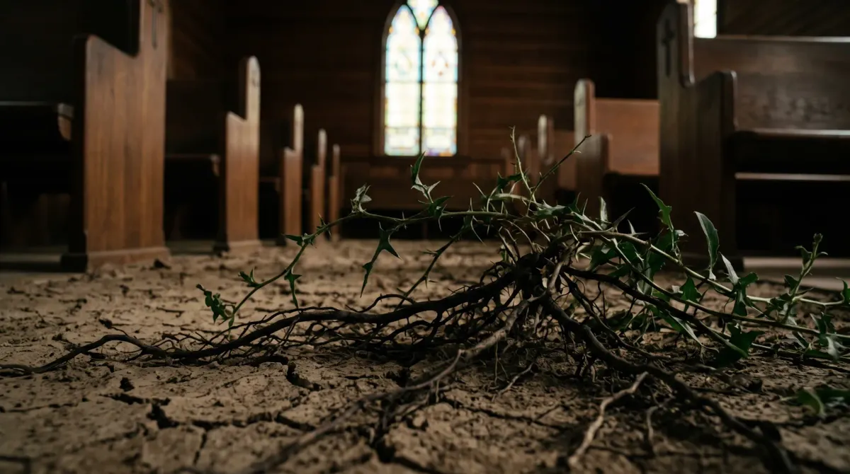 An invasive, thorny weed spreading deep, aggressive roots through dry, cracked dirt inside an empty, dimly lit church sanctuary, with wooden pews and a stained-glass window softly visible in 