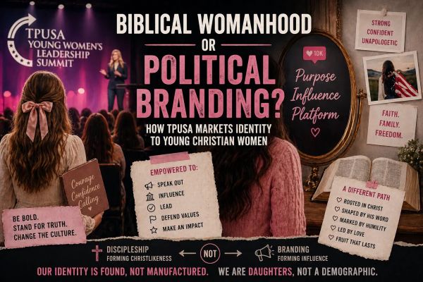 Split image of young women at conference stage, mirror, Bible, and branding slogans, contrasting discipleship with political identity marketing.