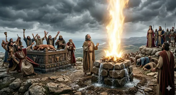 Elijah calls down fire from heaven to consume the water-soaked altar, proving Yahweh's power against Queen Jezebel's prophets of Baal in the Mount Carmel showdown.