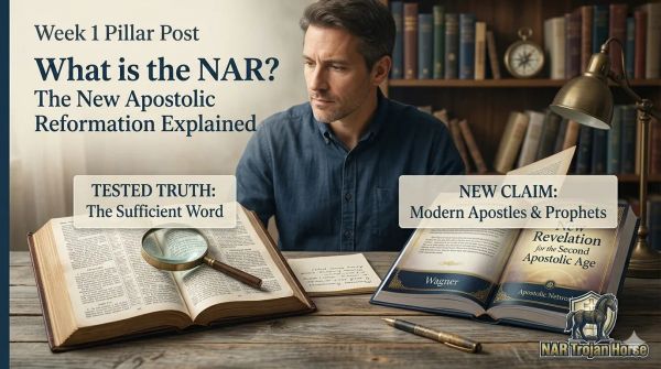Magnifying glass comparing an antique Bible to a modern 'New Revelation' book, illustrating the theological shift in the New Apostolic Reformation (NAR) movement