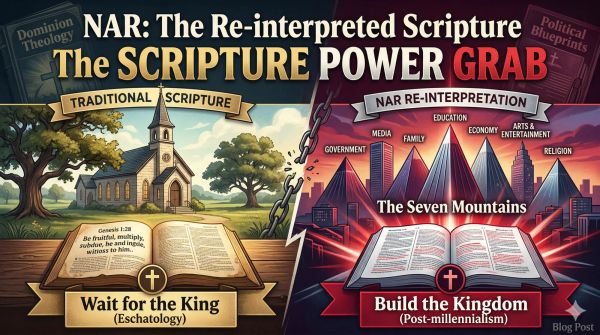 A split-screen graphic comparing traditional biblical interpretation vs. NAR re-interpretation of the Seven Mountain Mandate and the shift to Dominion Theology