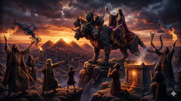 Jezebel riding the Revelation 17 beast overlooking the Seven Mountains; a visual metaphor for the NAR, dominion theology, and the spiritual war for American culture.