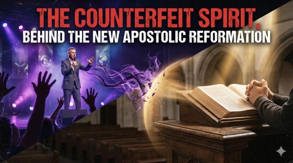 Split-screen comparing a charismatic modern church stage with an open Bible on a pulpit, titled "The Counterfeit Spirit Behind the New Apostolic Reformation.