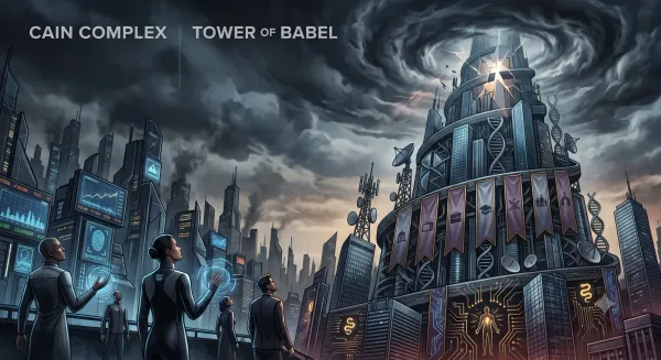 Detailed graphic contrasting a tech-driven "Cain Complex" city on the left and a towering modern "Tower of Babel" with antennas and DNA strands under a storm vortex on the right.