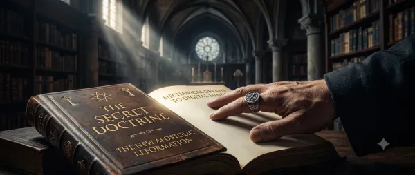 An illustrated hand with an ornate ring rests on an open leather book titled 'THE SECRET DOCTRINE' and 'THE NEW APOSTOLIC REFORMATION', in a grand gothic library with dramatic sunlight.