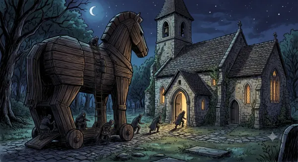 Cloaked figures emerge from a large wooden Trojan horse at night to stealthily enter an old stone church.