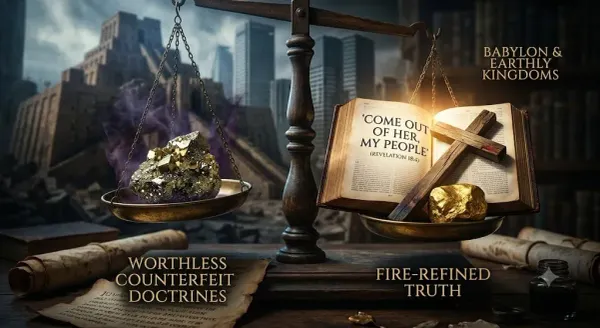 Assay scale weighing smoking pyrite labeled Worthless Counterfeit Doctrines against a heavy gold nugget, wooden cross, and open Bible reading Come out of her, my people.