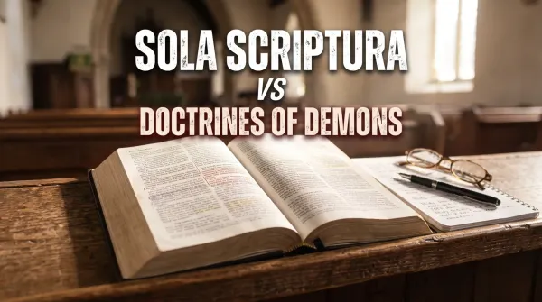 An open Bible rests on a worn wooden pew inside a sunlit, historic church, with a notebook, pen, and eyeglasses beside it. Overlaid bold white and red distressed typography in the center read