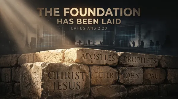 A dramatic image of a massive, ancient stone foundation labeled "CHRIST JESUS," "APOSTLES," and "PROPHETS," illuminated by a beam of light.