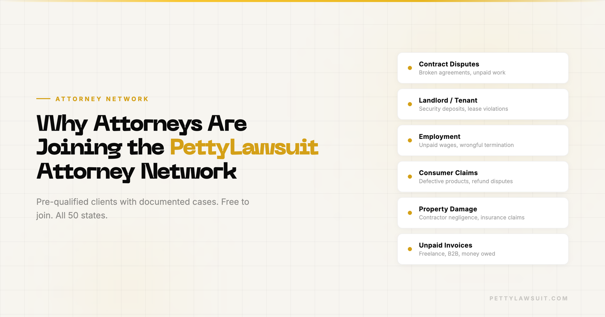 PettyLawsuit Attorney Network with case categories for contract disputes, landlord tenant, employment, consumer claims, property damage, and unpaid invoices