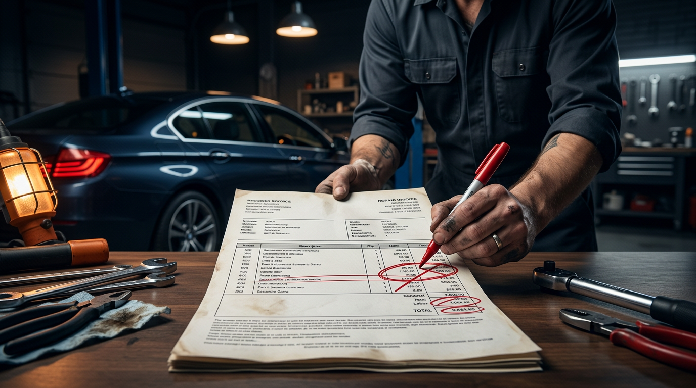 Car repair invoice with red pen markings highlighting overcharges on a mechanic workbench