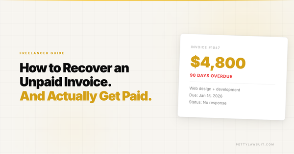 Freelancer unpaid invoice guide showing a $4,800 overdue invoice card 90 days past due with headline How to Recover an Unpaid Invoice and Actually Get Paid
