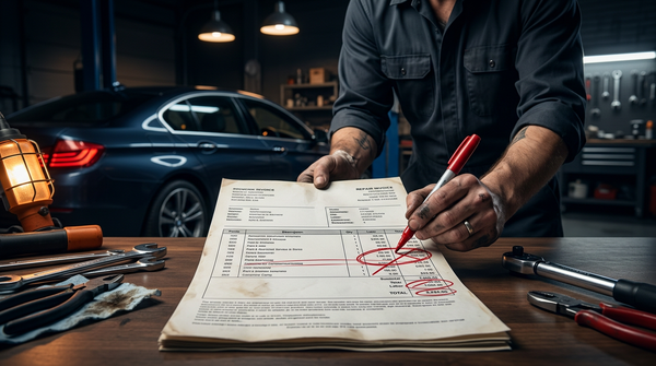 Car repair invoice with red pen markings highlighting overcharges on a mechanic workbench