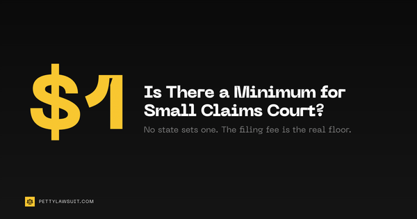 Dollar-one graphic asking if there is a minimum amount for small claims court, with note that no state sets one