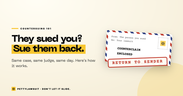 Receipt-style graphic on how to countersue in small claims court: one form, $5 to $75 fee, no lawyer