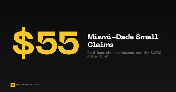 Miami-Dade small claims court guide showing the 55 dollar starting filing fee, six courthouses, and the 8,000 dollar limit