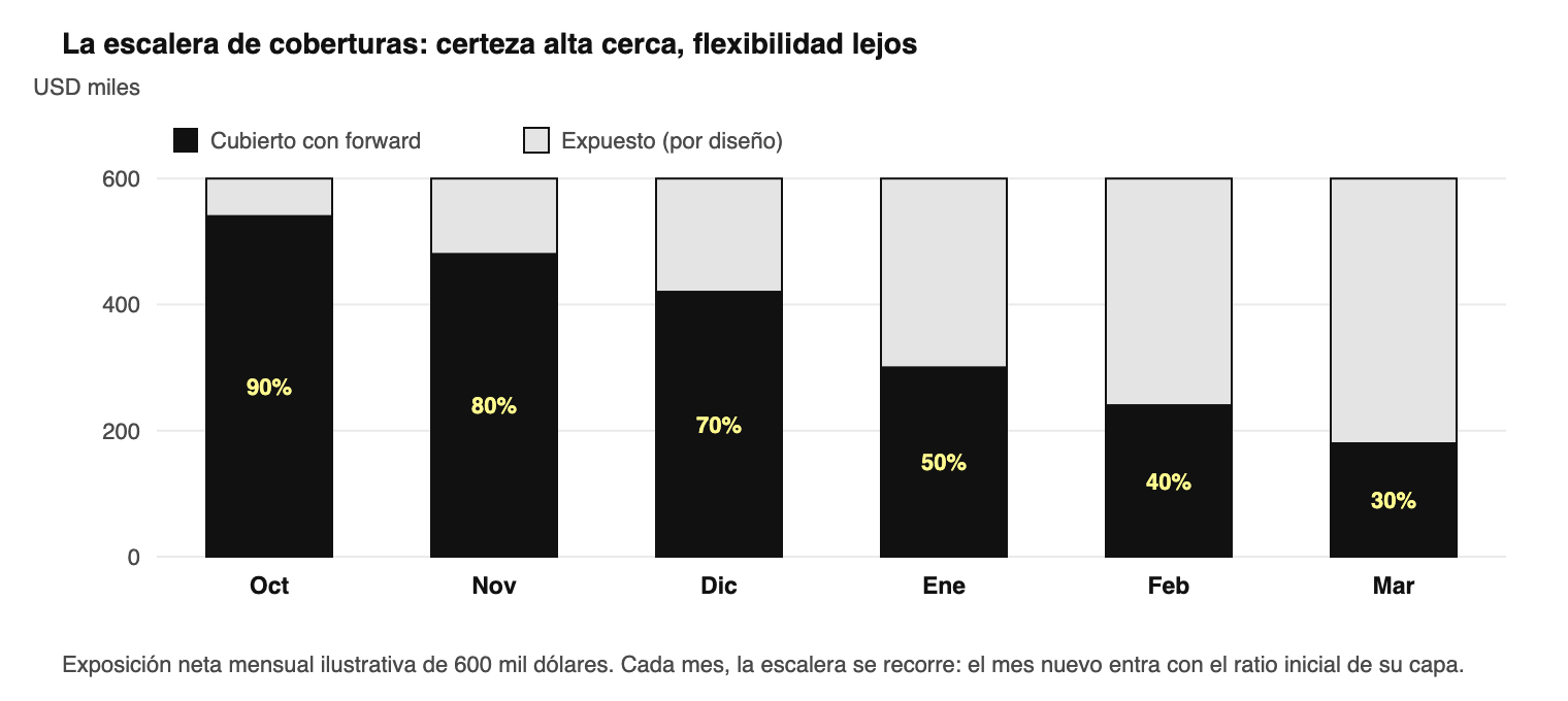 Escalera rodante ilustrativa para una exposición neta de 600 mil dólares mensuales. El porcentaje descubierto no es desc