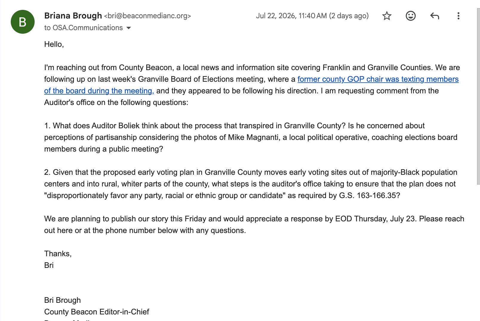 Office of State Auditor Dave Boliek Refuses to Answer Questions about the Granville County Board of Elections