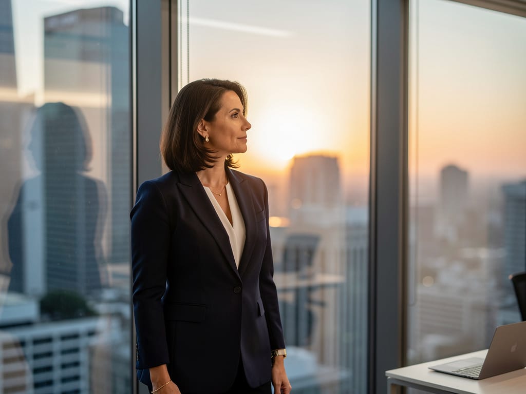A confident woman in an office looking out over a city at dawn