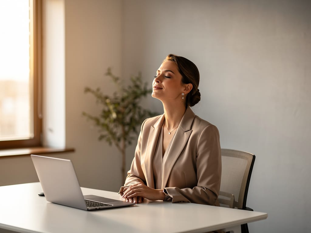 A female executive practicing a moment of mindfulness at her desk