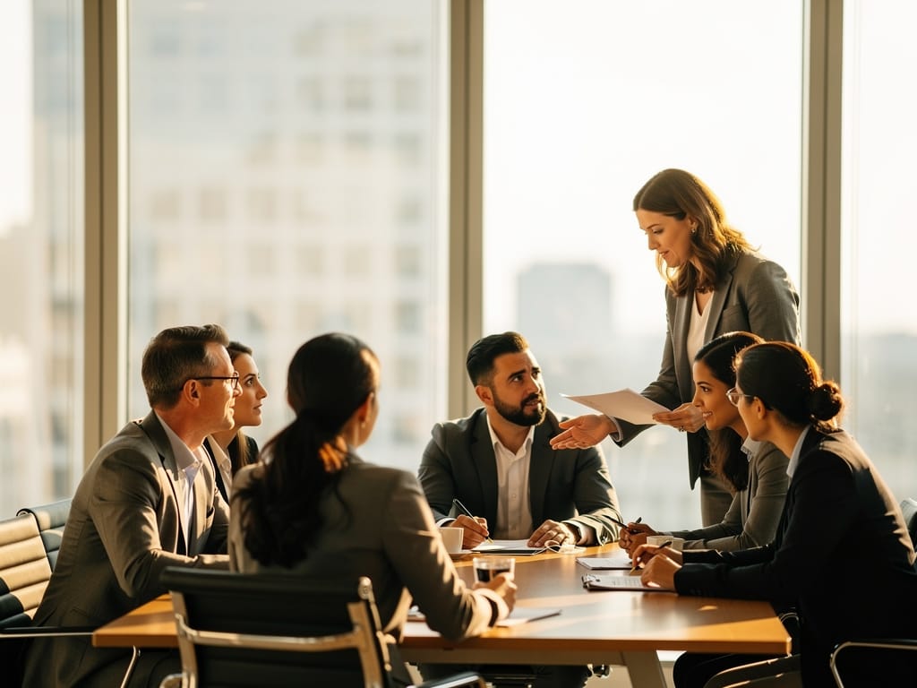 A group of executives in a sunlit boardroom meeting.