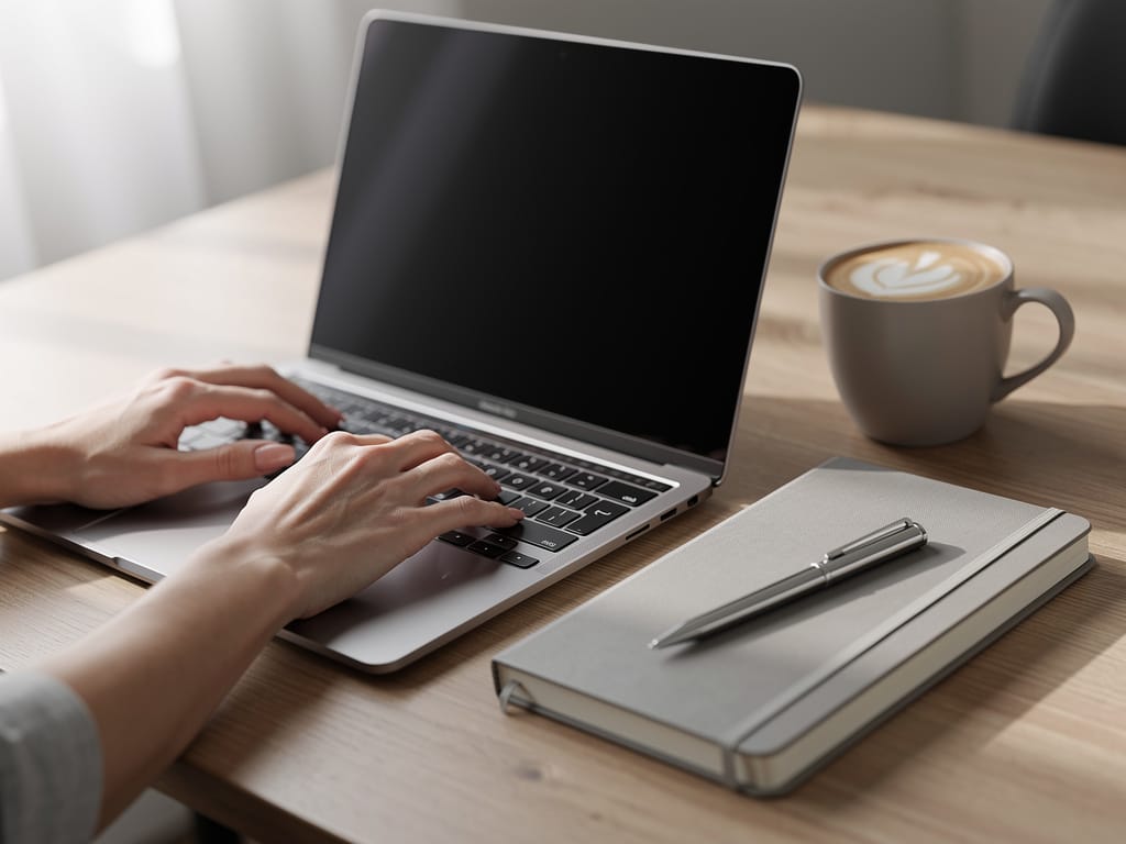 A woman's hands typing on a laptop next to a coffee mug.