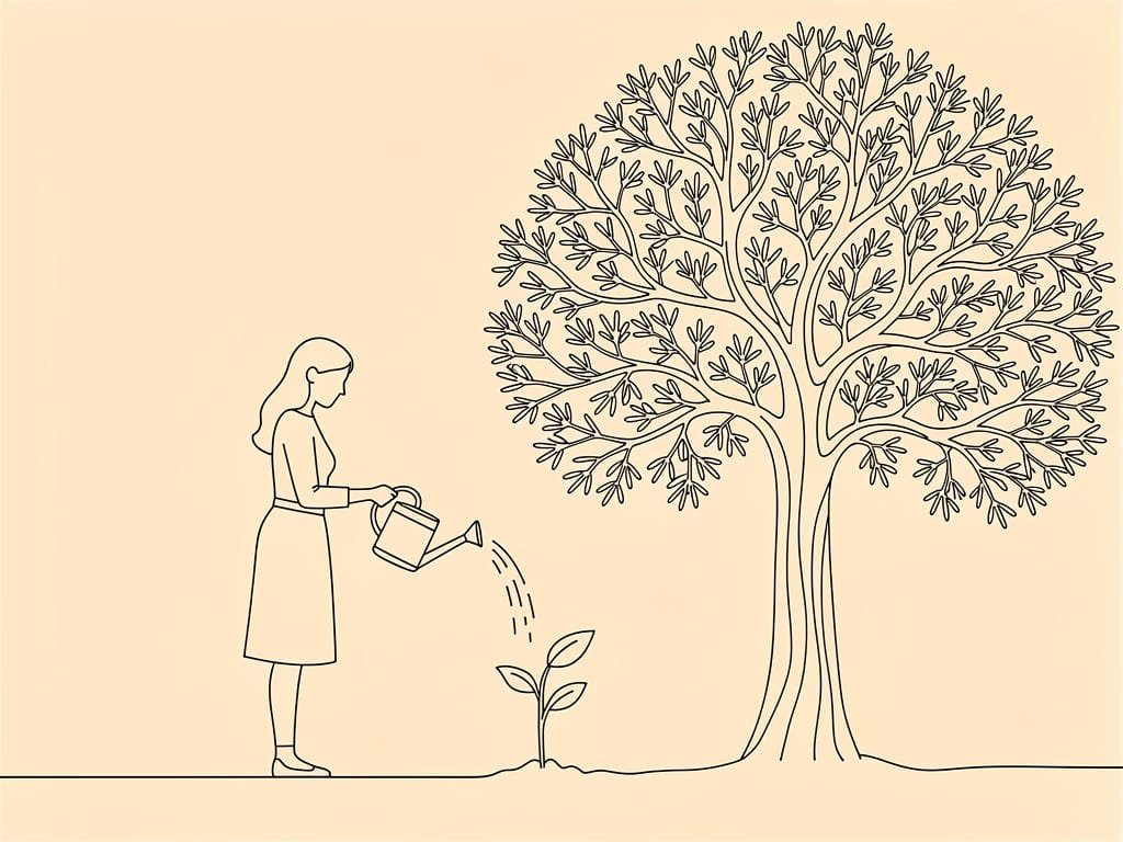 A woman watering a seedling representing personal growth