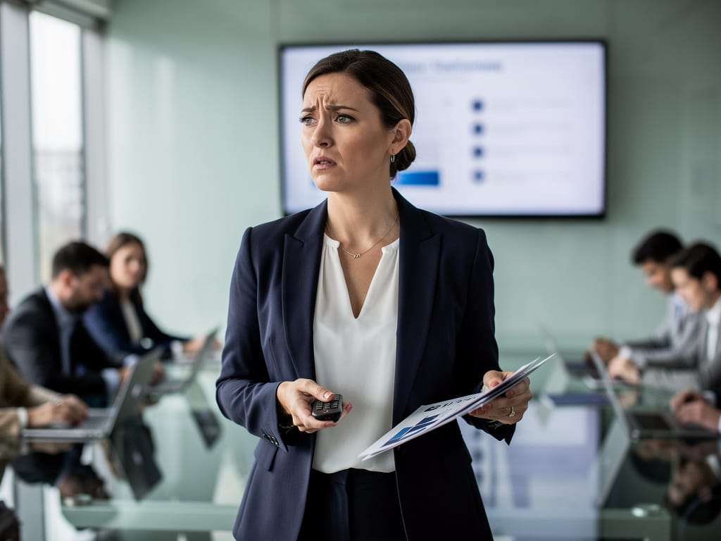 Professional woman pausing during a boardroom presentation