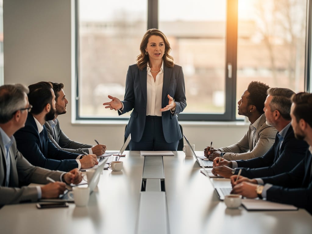 Confident woman leading a team meeting with open body language
