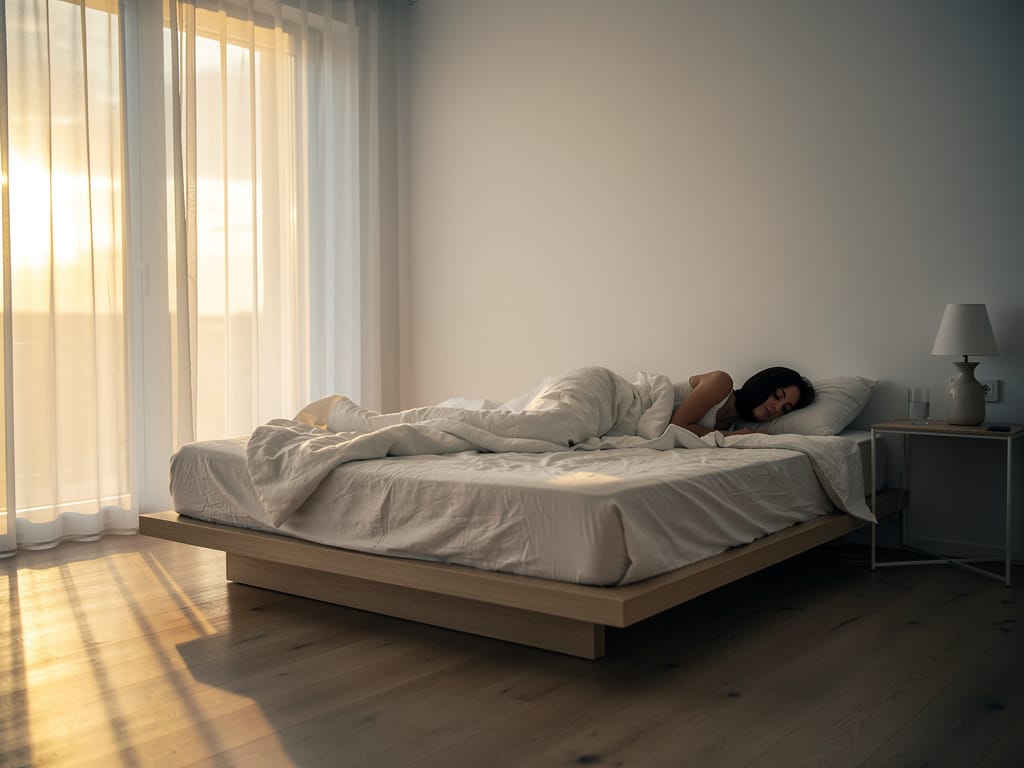 Woman resting peacefully in white linen bed with morning light