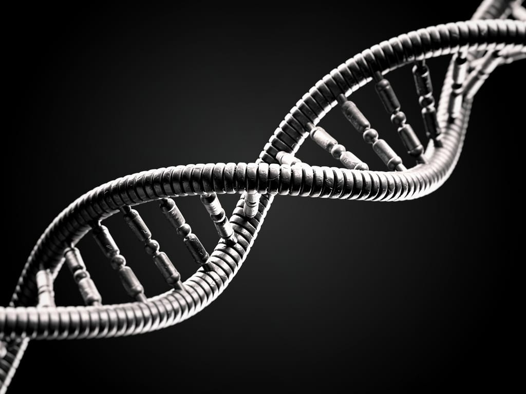Intertwined DNA strands in a high-contrast monochrome style.