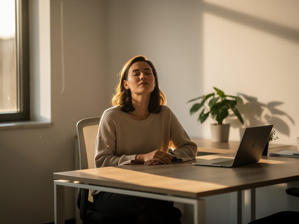 A professional woman practicing mindfulness at her desk.