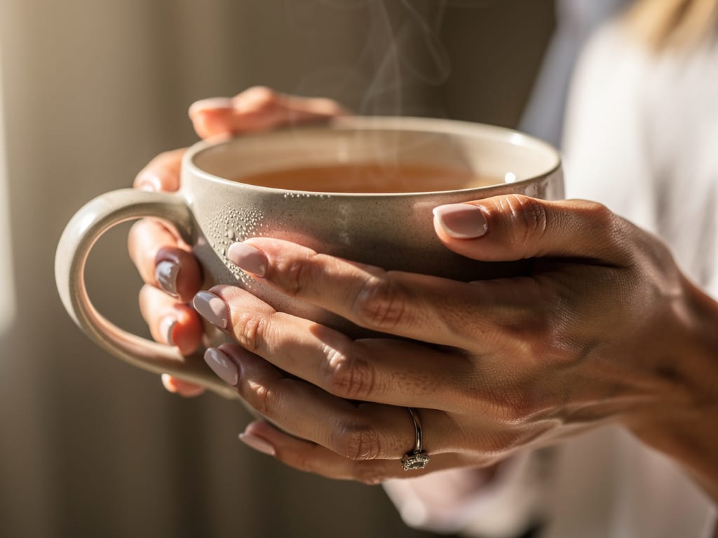 A woman's hands holding a warm mug of tea.