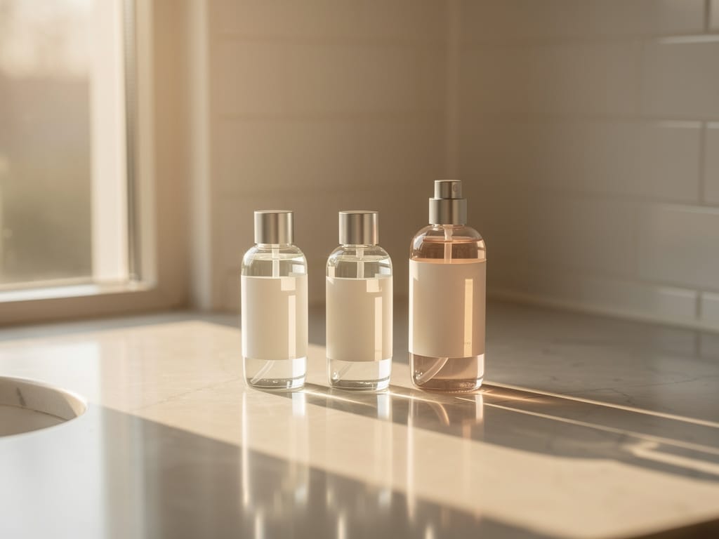 Minimalist clean beauty skincare bottles on a bathroom countertop in morning light