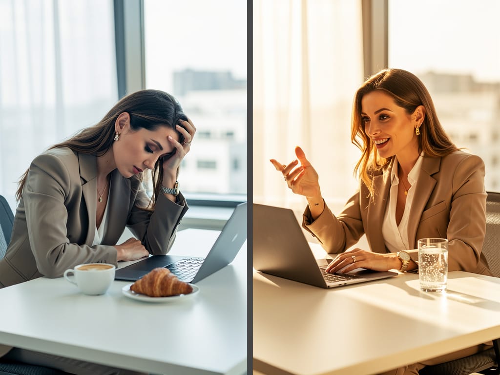 A before-and-after visual of a professional woman's energy levels at work.