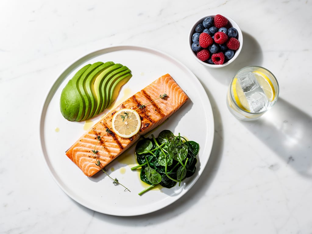 A healthy, balanced meal for metabolic flexibility with salmon, avocado, and greens.