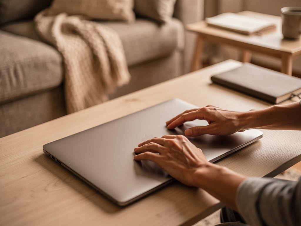 A woman closing her laptop to signal the end of work.
