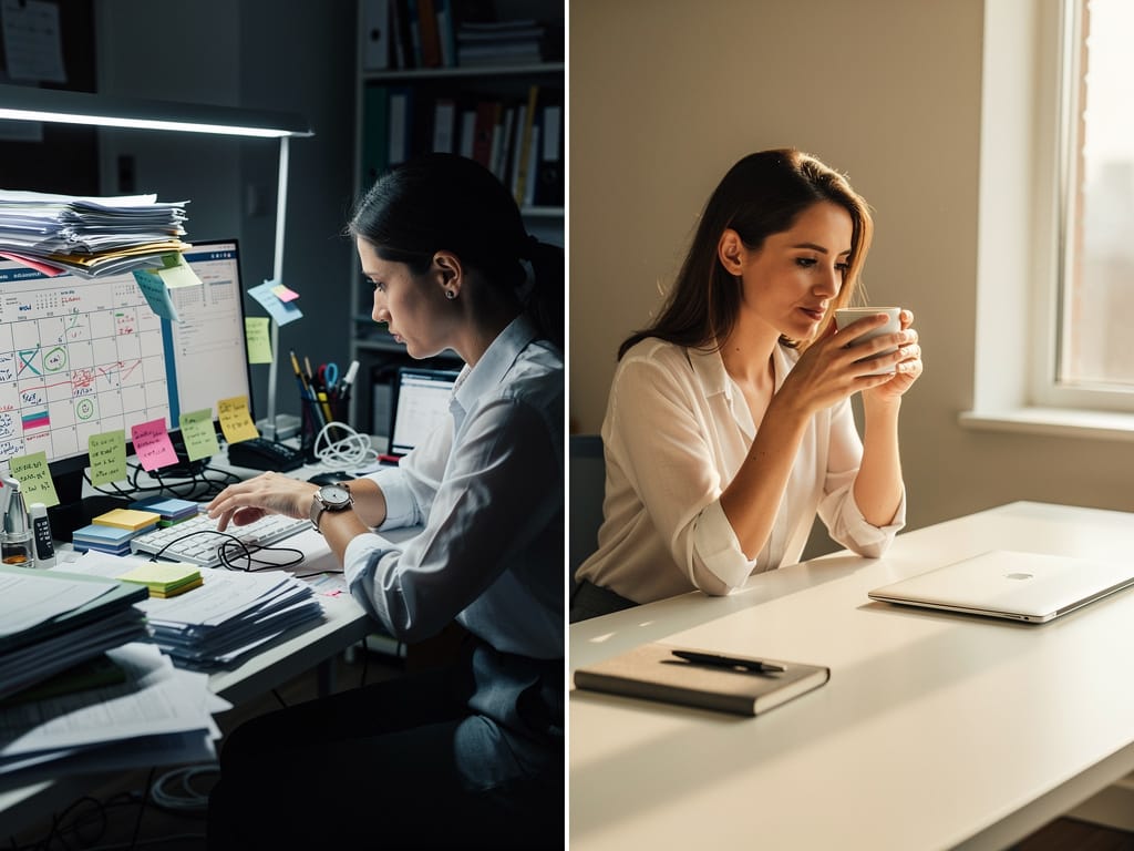 A visual comparison of a cluttered, time-managed desk versus a clean, energy-managed workspace.