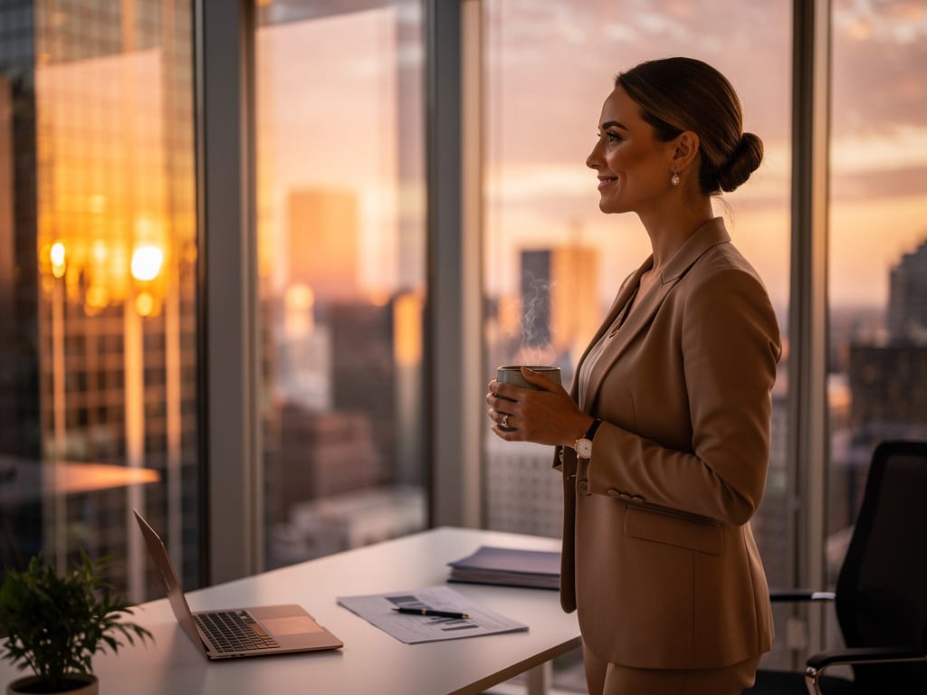 A successful woman peacefully ending her workday with energy to spare.