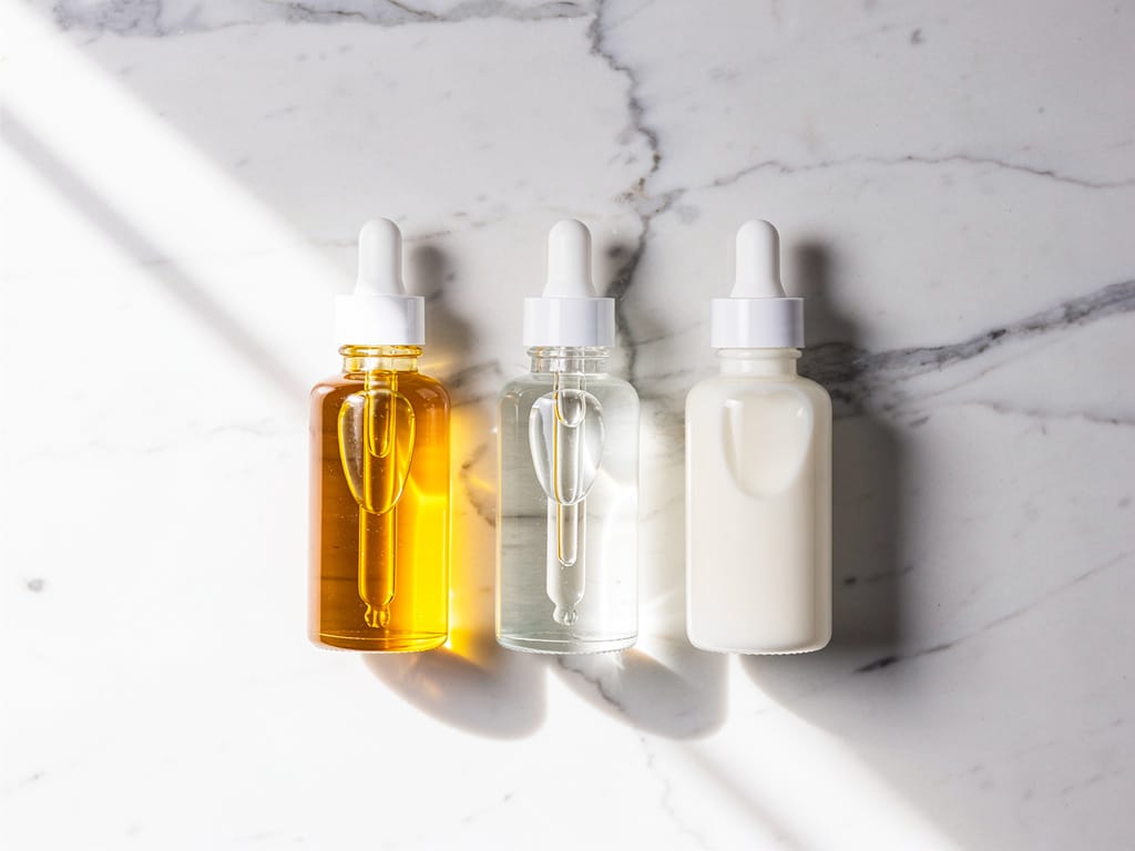 Three minimalist skincare bottles on a marble counter