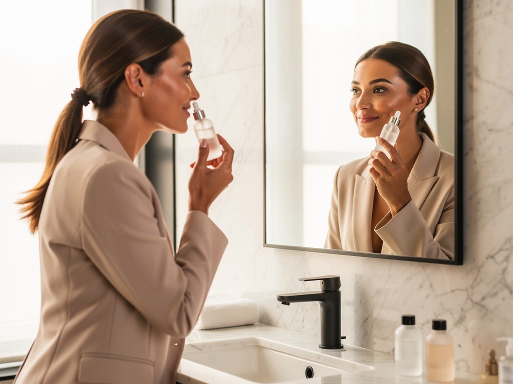 Woman in blazer applying clean skincare in a bright modern bathroom