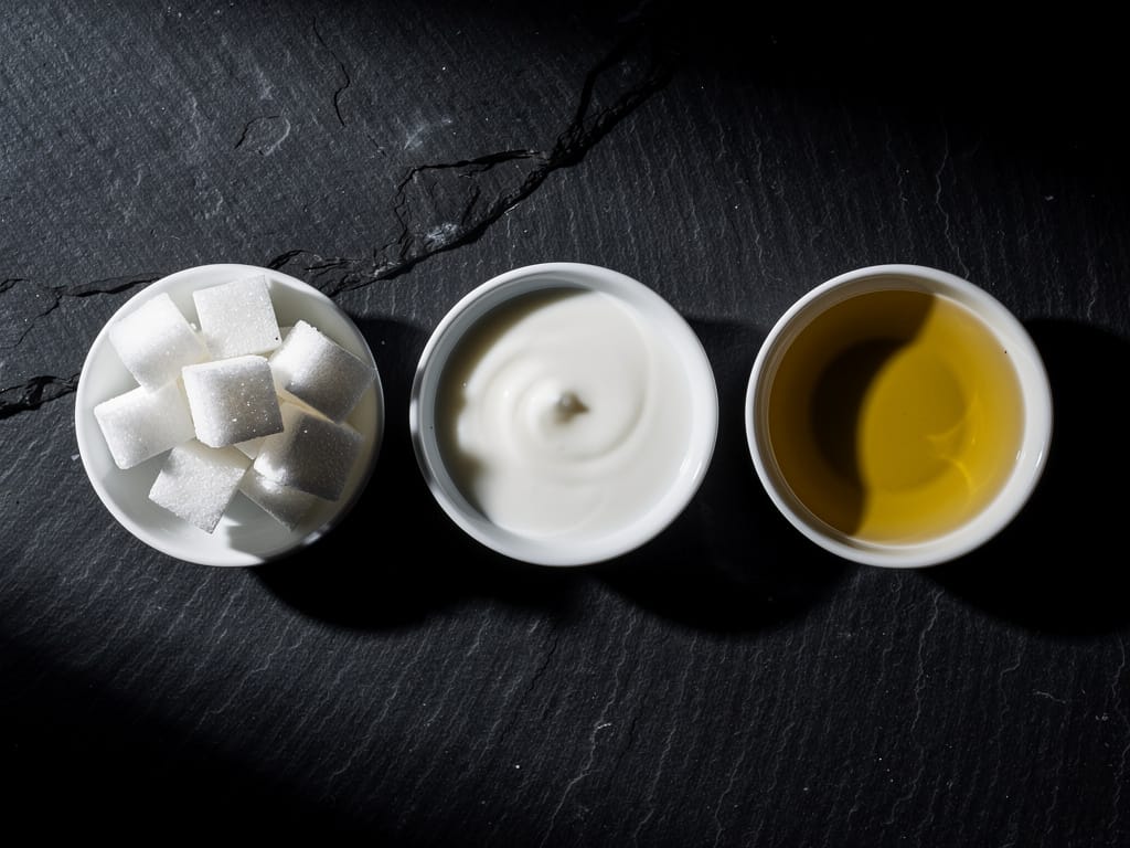 Three common inflammatory food ingredients in white bowls