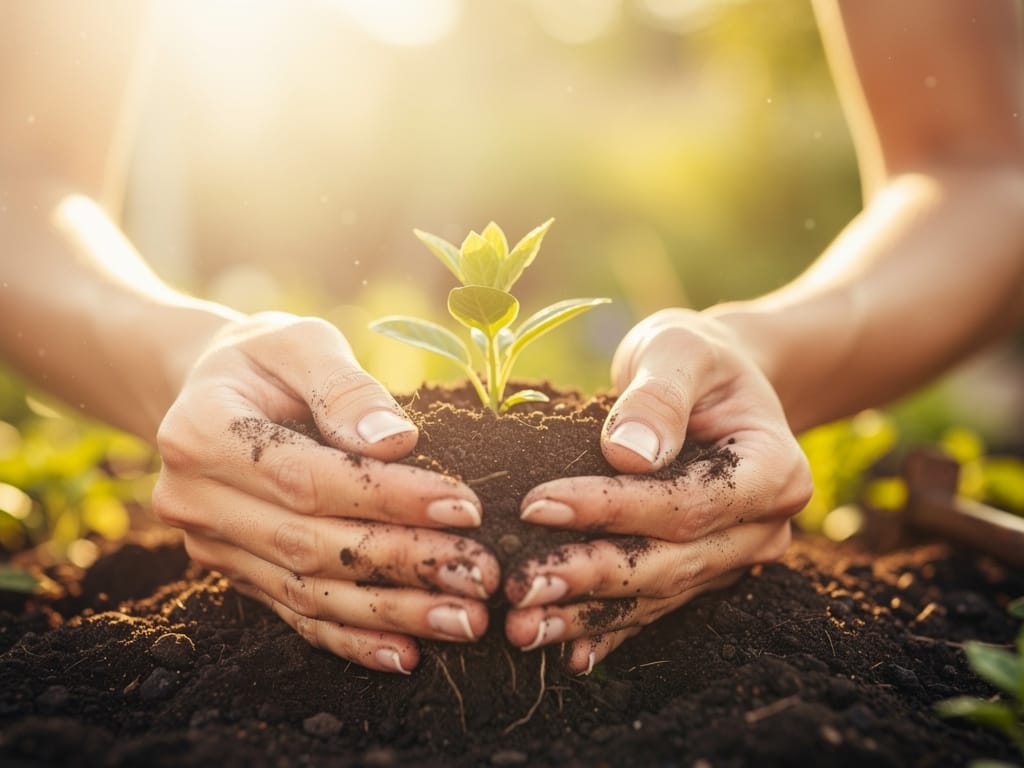 Hands planting a small green sprout in healthy soil