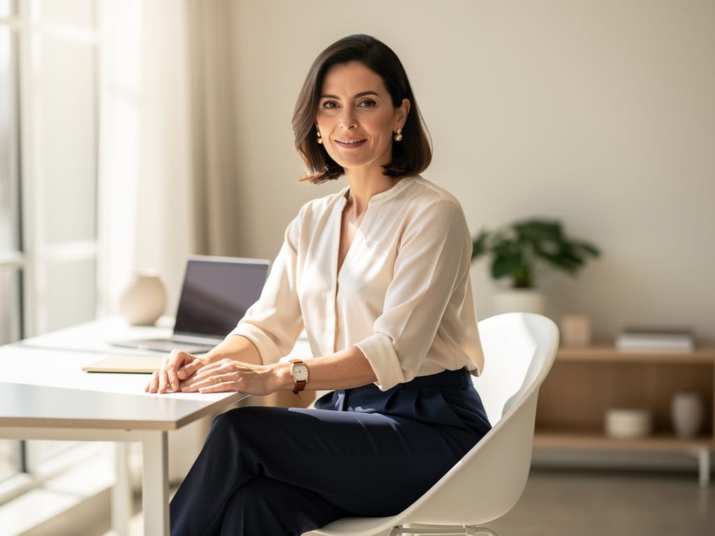 Confident woman in her late 30s in a modern office