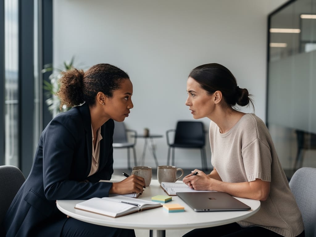 Two professional women having a focused strategic conversation in a modern office