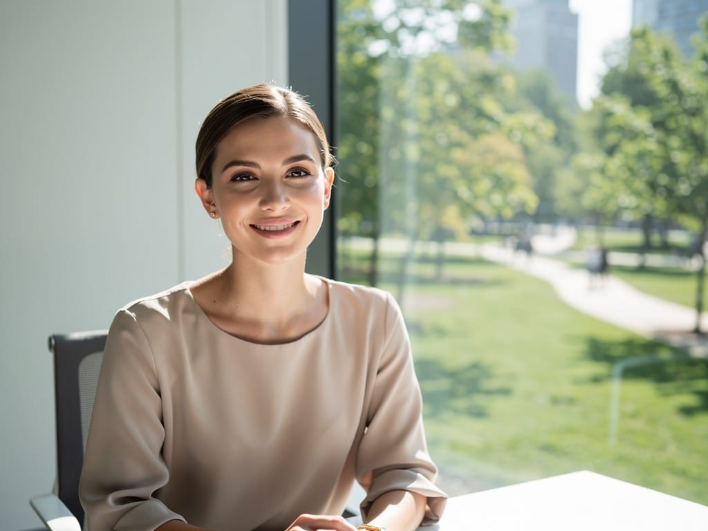 confident woman with healthy skin in a bright, modern office