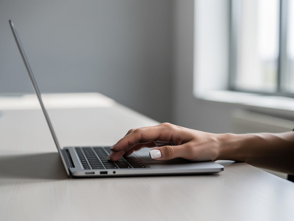 A woman's hand resting on a conference table next to a laptop