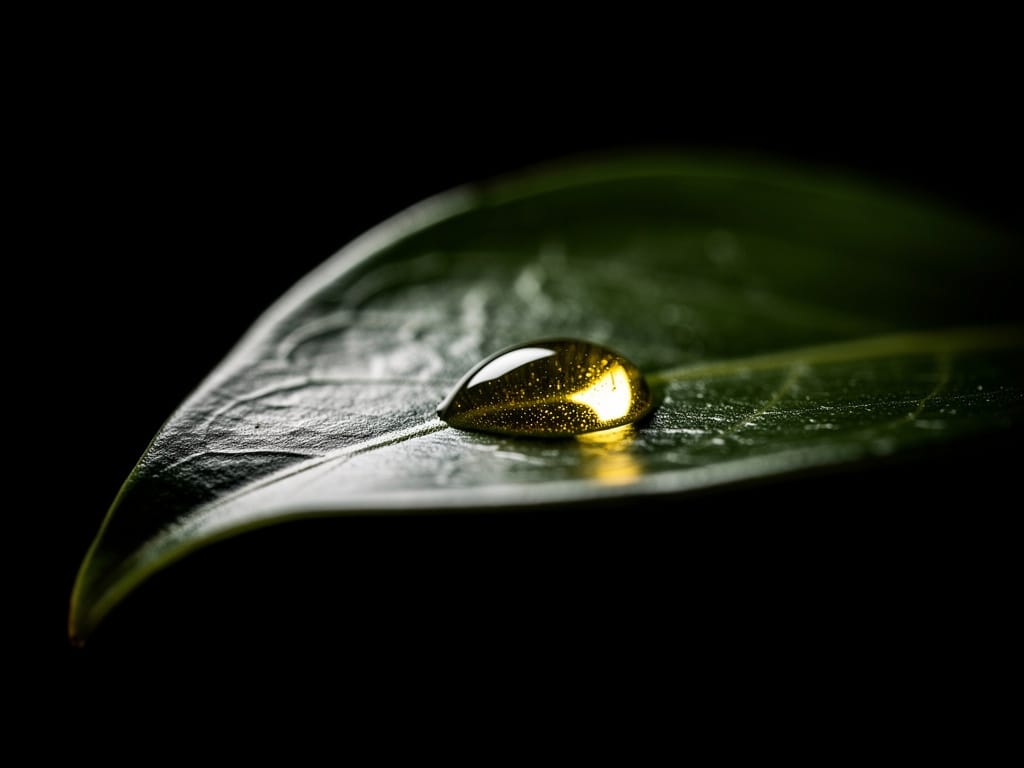 A monochrome image of a leaf holding a drop of oil